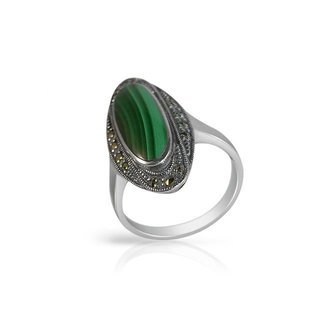 Art Deco Style Oval Malachite Cabochon Cocktail Ring in 925 Sterling Silver