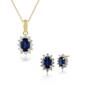 Classic Oval Sapphire & Diamond Halo Stud Earrings & Pendant Set in 9ct Yellow Gold