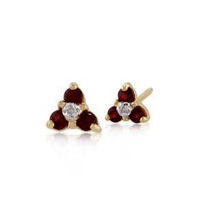 Floral Round Garnet & Diamond Cluster Stud Earrings in 9ct Yellow Gold