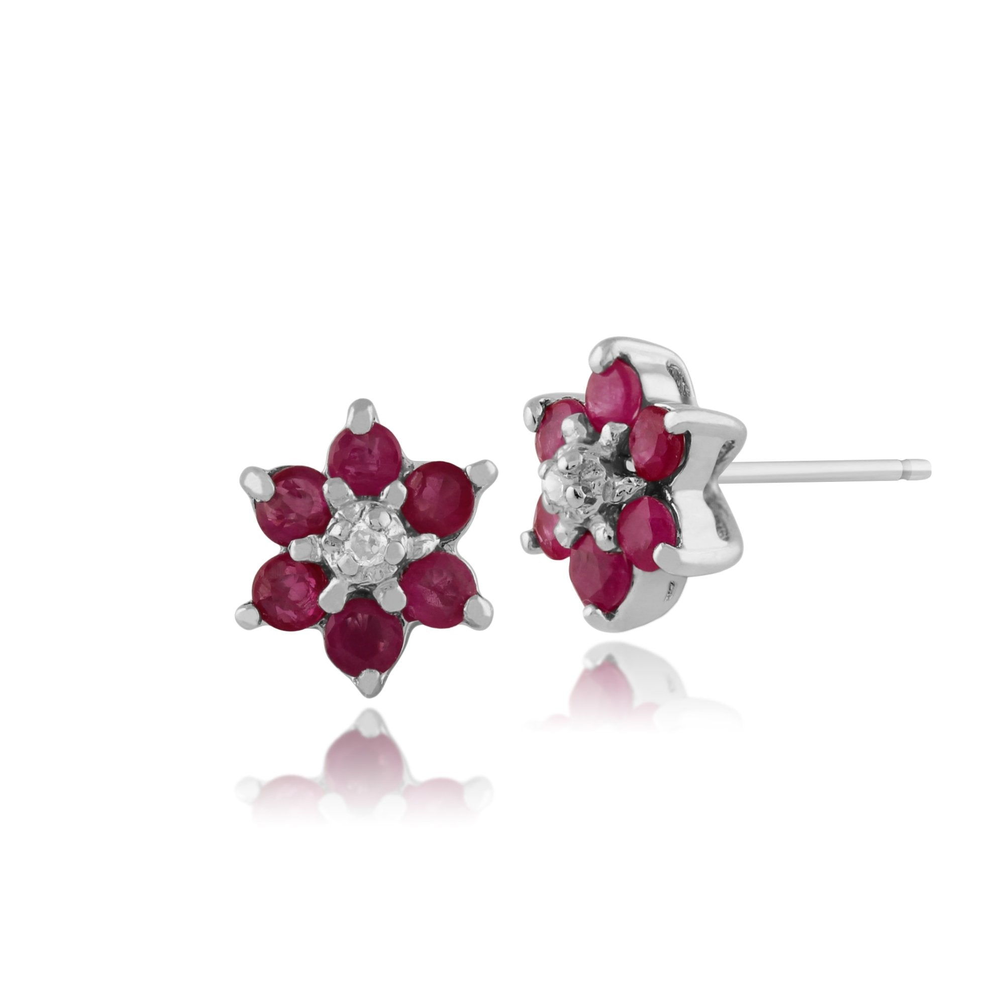 Floral Round Ruby & Diamond Cluster Stud Earrings in 9ct White Gold
