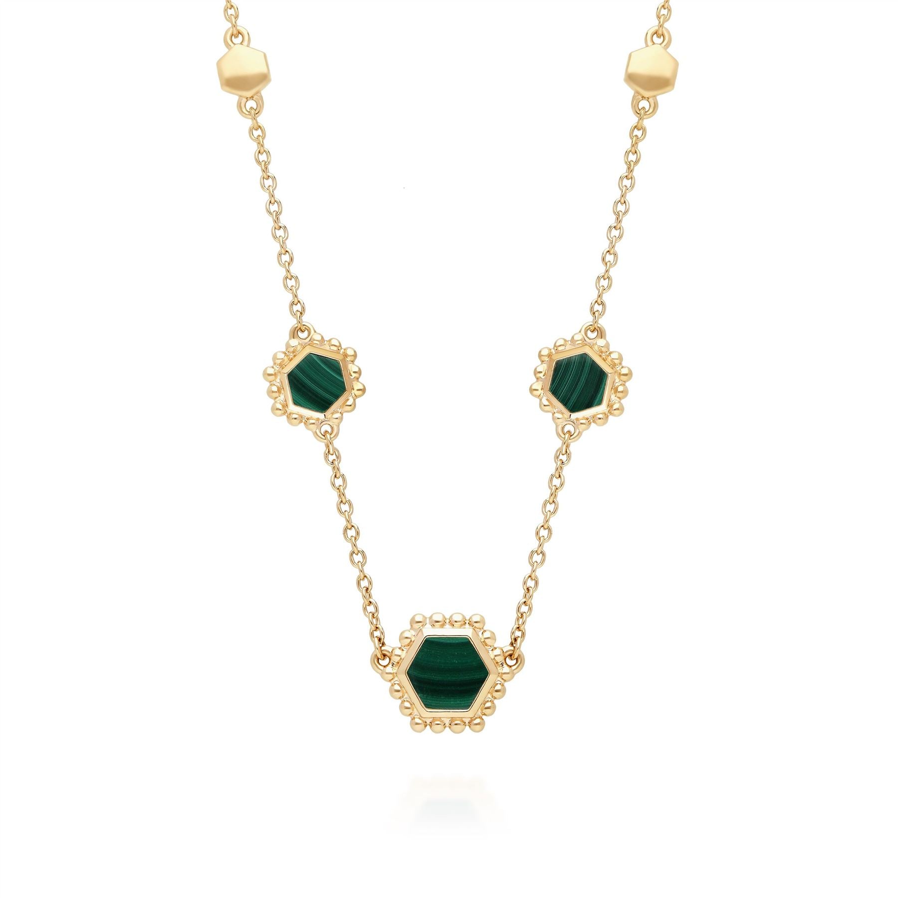 Malachite Flat Slice Hex Chain Necklace in Gold Plated Sterling Silver