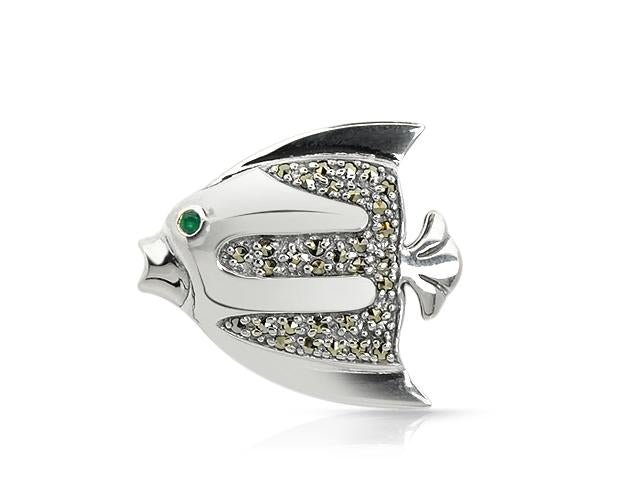 Art Nouveau Style Emerald & Marcasite Fish Brooch in 925 Sterling Silver