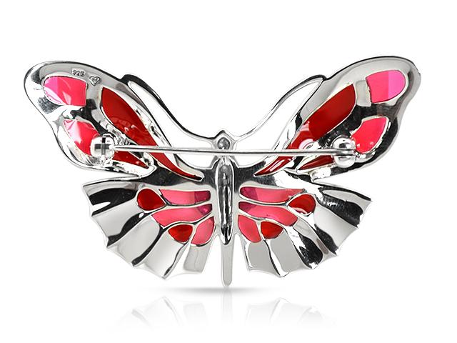 Art Nouveau Round Marcasite & Red Enamel Butterfly Brooch in 925 Sterling Silver
