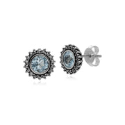 Orecchini con topazio blu di novembre in argento sterling e marcasite Art Nouveau 