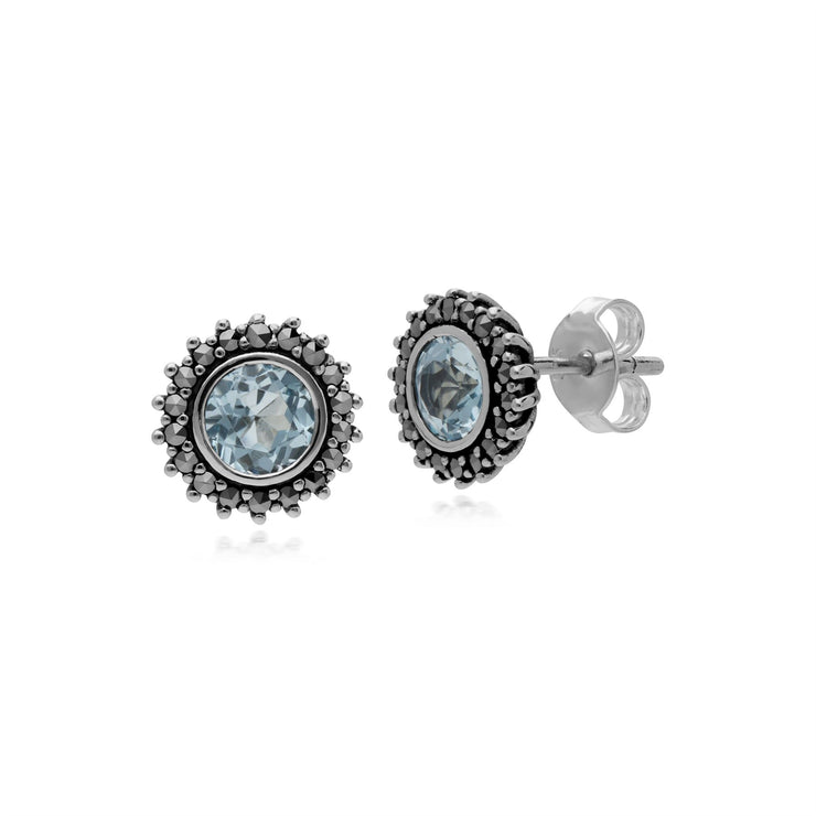 Orecchini con topazio blu di novembre in argento sterling e marcasite Art Nouveau 