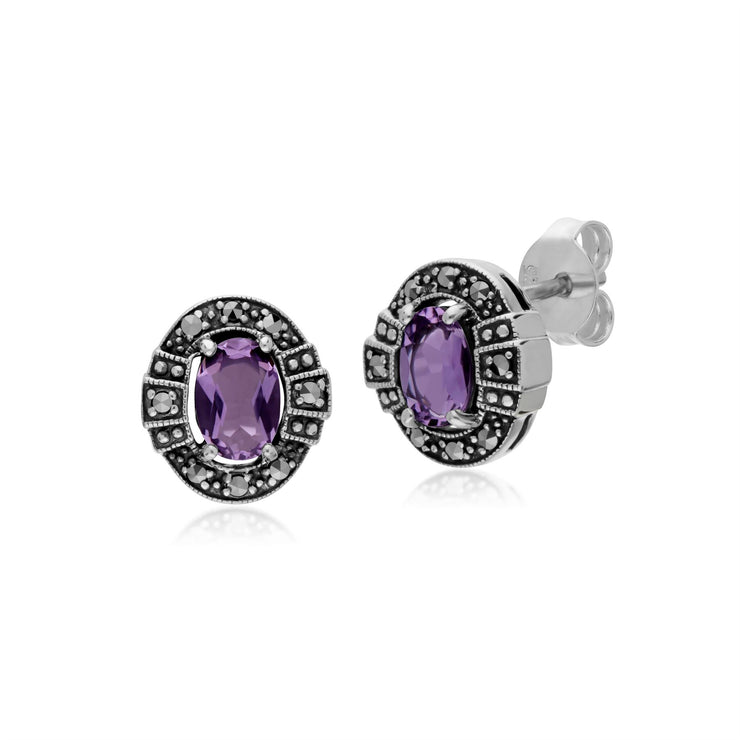 Orecchini a bottone in stile Art Déco in argento 925 con ametista ovale e marcasite