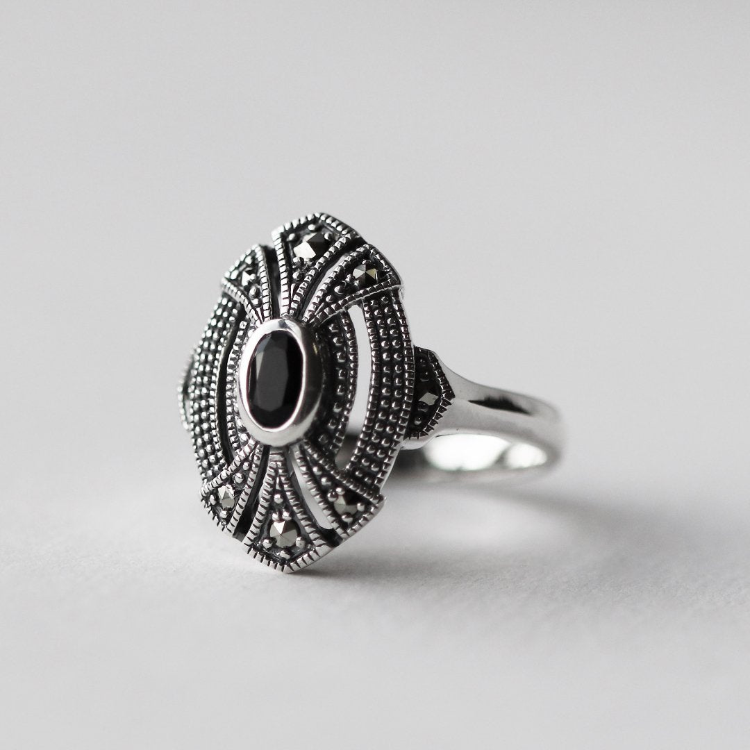 Art Deco Style Oval Black Onyx & Marcasite Cocktail Ring in 925 Sterling Silver