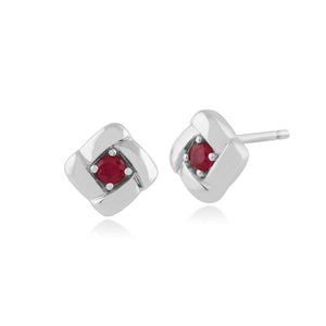 Classic Round Ruby Square Crossover Stud Earrings in 925 Sterling Silver