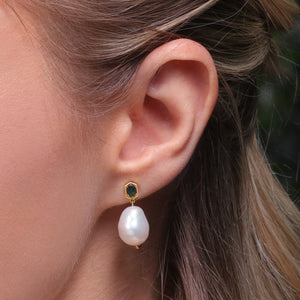Modern Baroque Pearl & Sapphire Drop Earrings in Gold Plated Sterling Silver on Model