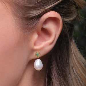 Modern Baroque Pearl & Emerald Drop Earrings in Gold Plated Sterling Silve