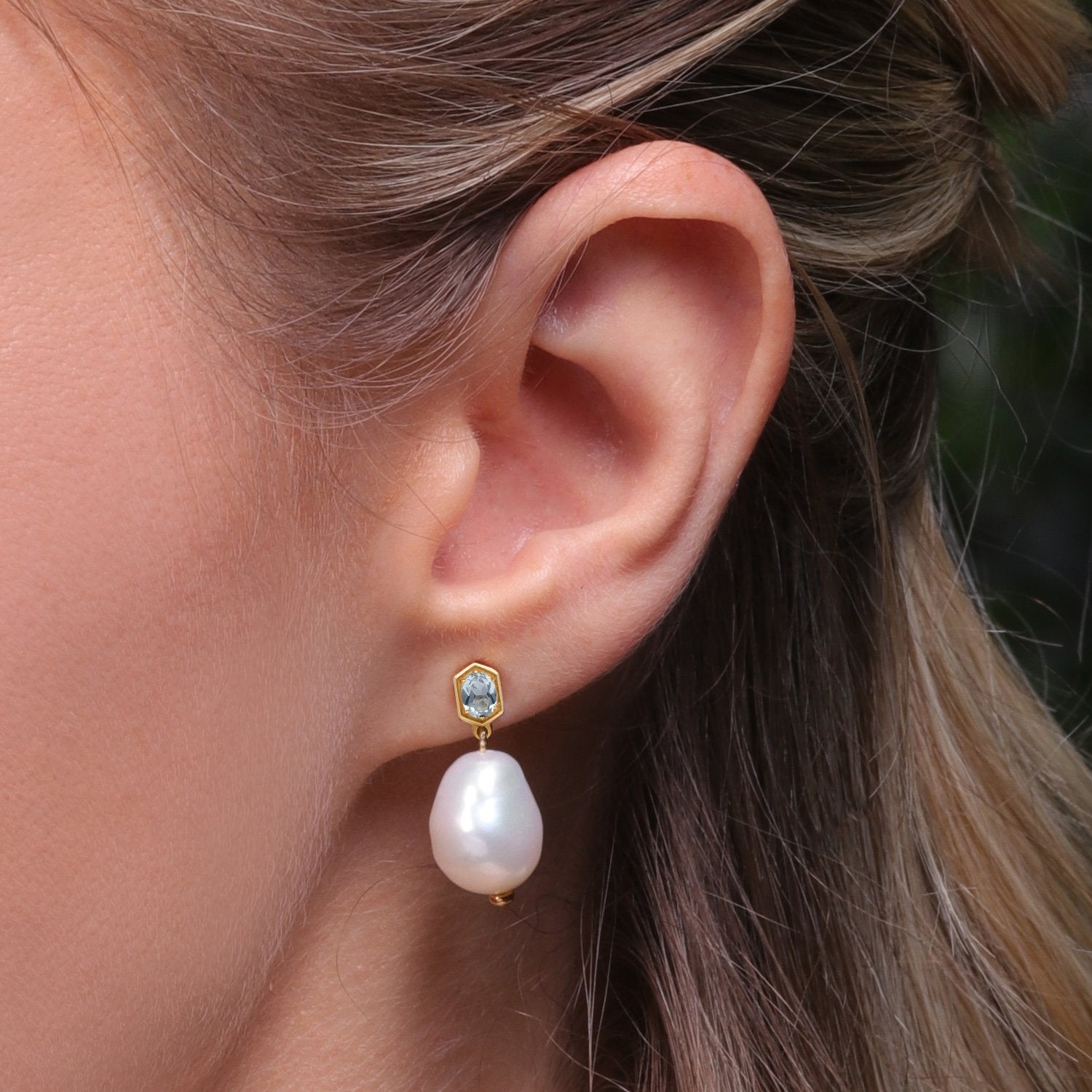 Modern Baroque Pearl & Aquamarine Drop Earrings in Gold Plated Sterling Silver