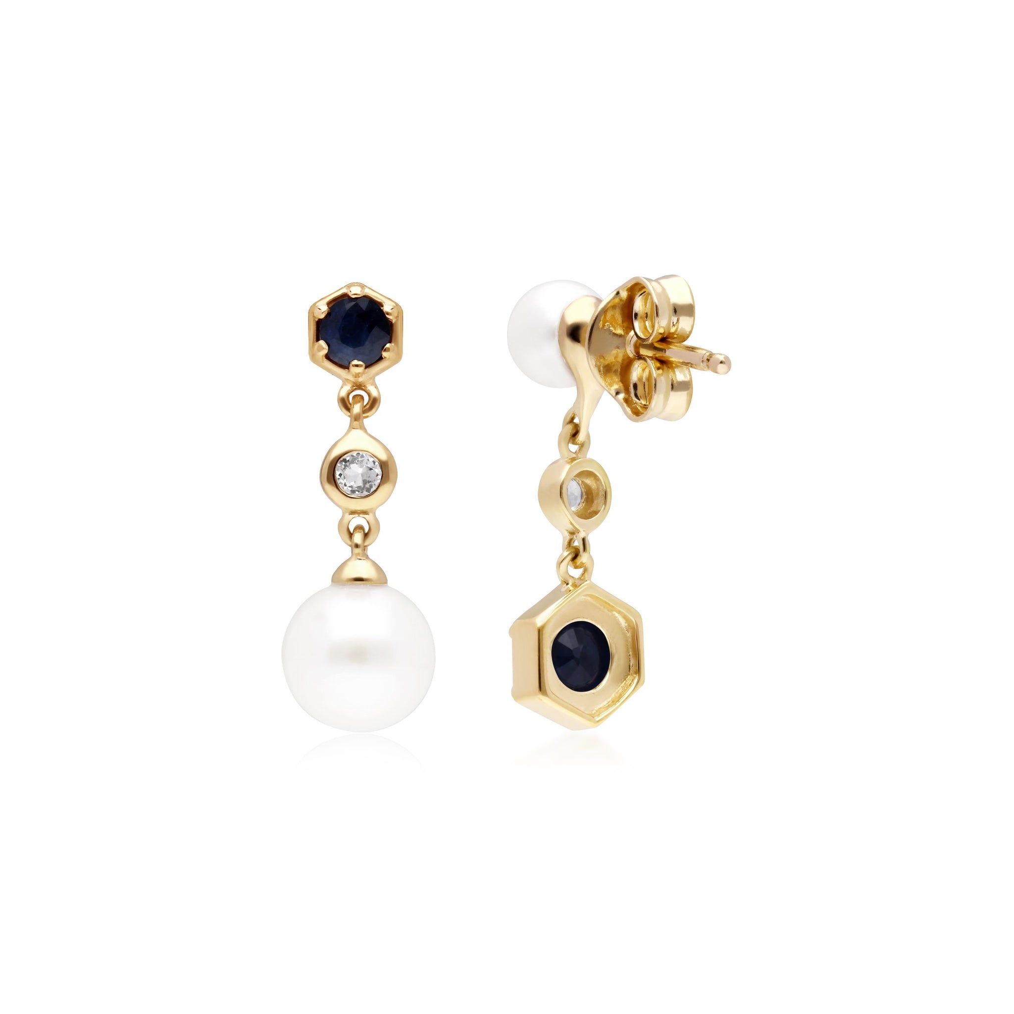 Modern Pearl, Sapphire & Topaz Mismatched Drop Earrings in Gold Plated Sterling Silver