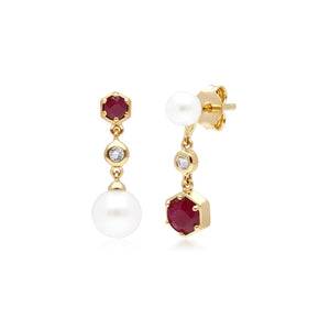 Orecchini pendenti spaiati moderni di perle, rubini e topazio in argento sterling placcato oro