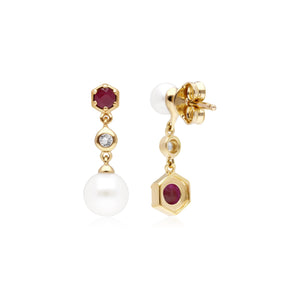 Orecchini pendenti spaiati moderni di perle, rubini e topazio in argento sterling placcato oro