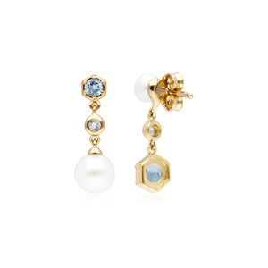 Orecchini pendenti spaiati moderni di perle, acquamarina e topazio in argento sterling placcato oro