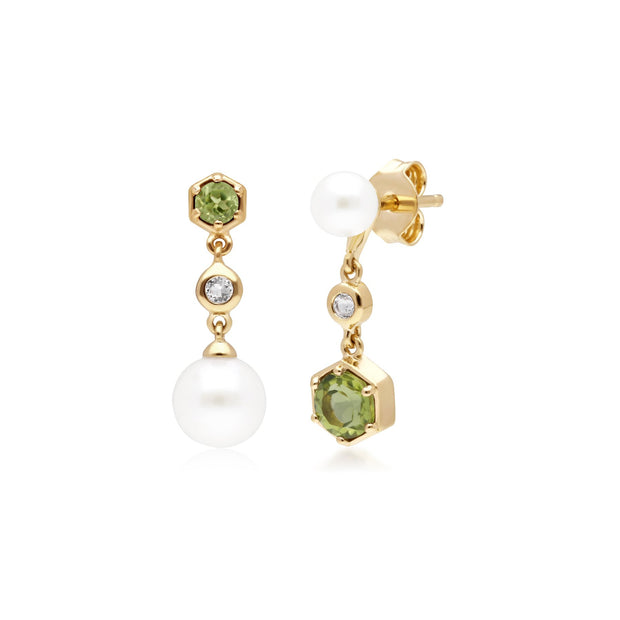 Orecchini pendenti asimmetrici con perle moderne Argento 925 placcato oro Perla, peridoto e topazio