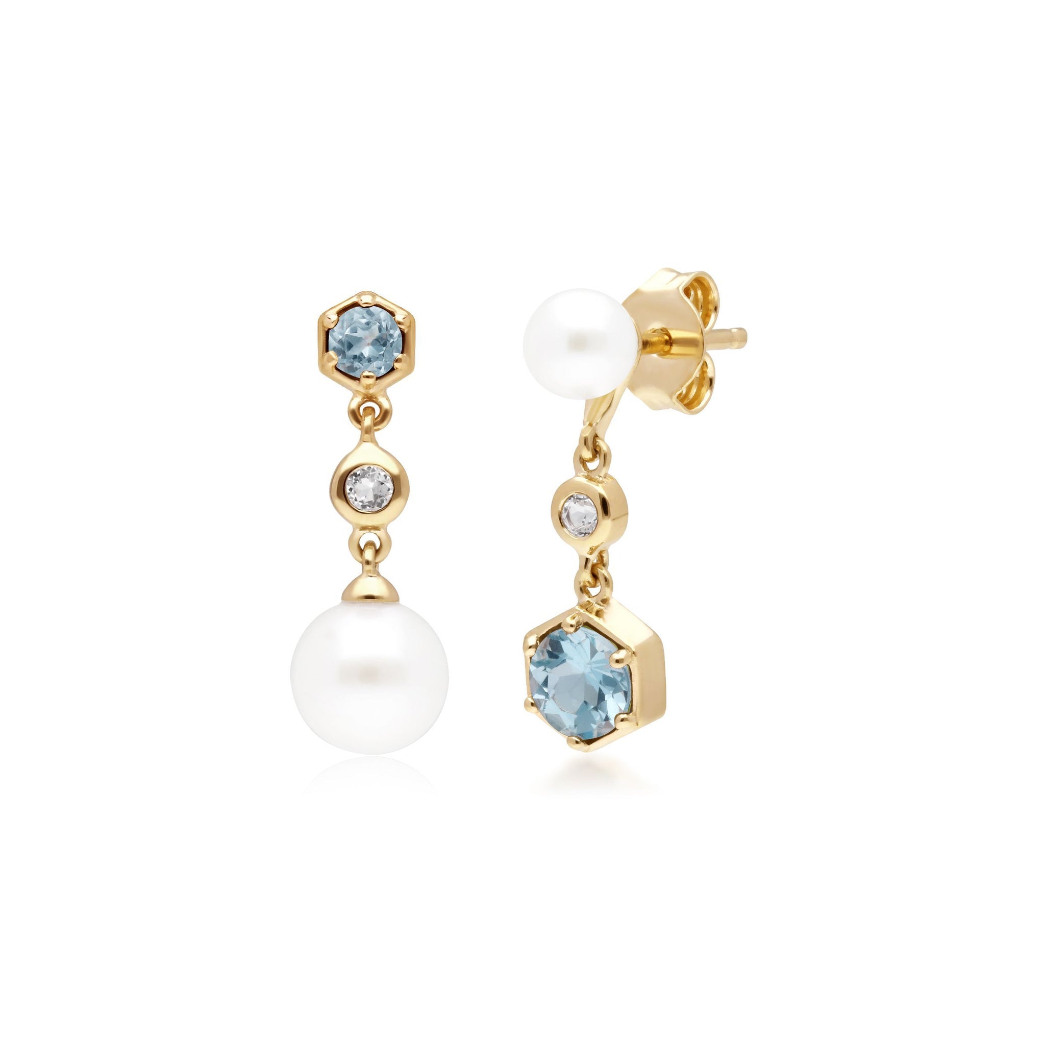 Orecchini pendenti spaiati moderni di perle, topazio bianco e blu in argento sterling placcato oro
