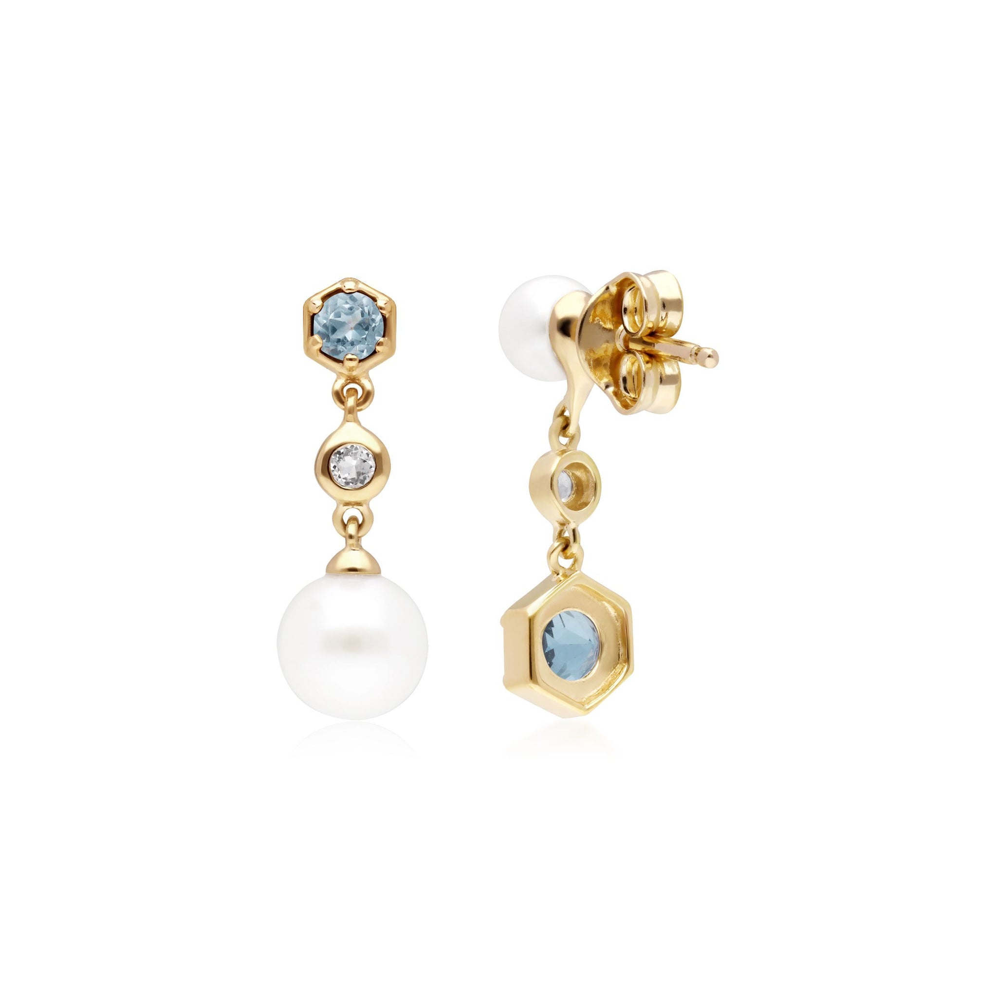 Orecchini pendenti spaiati moderni di perle, topazio bianco e blu in argento sterling placcato oro