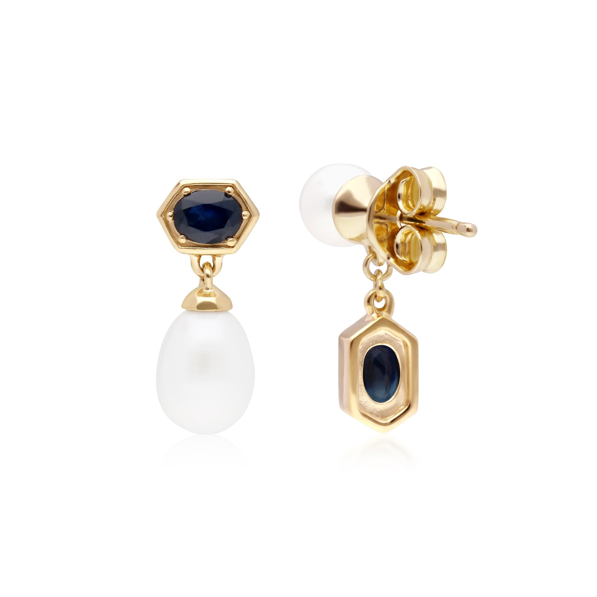 Modern Pearl & Sapphire Mismatched Drop Earrings in Gold Plated Sterling Silver