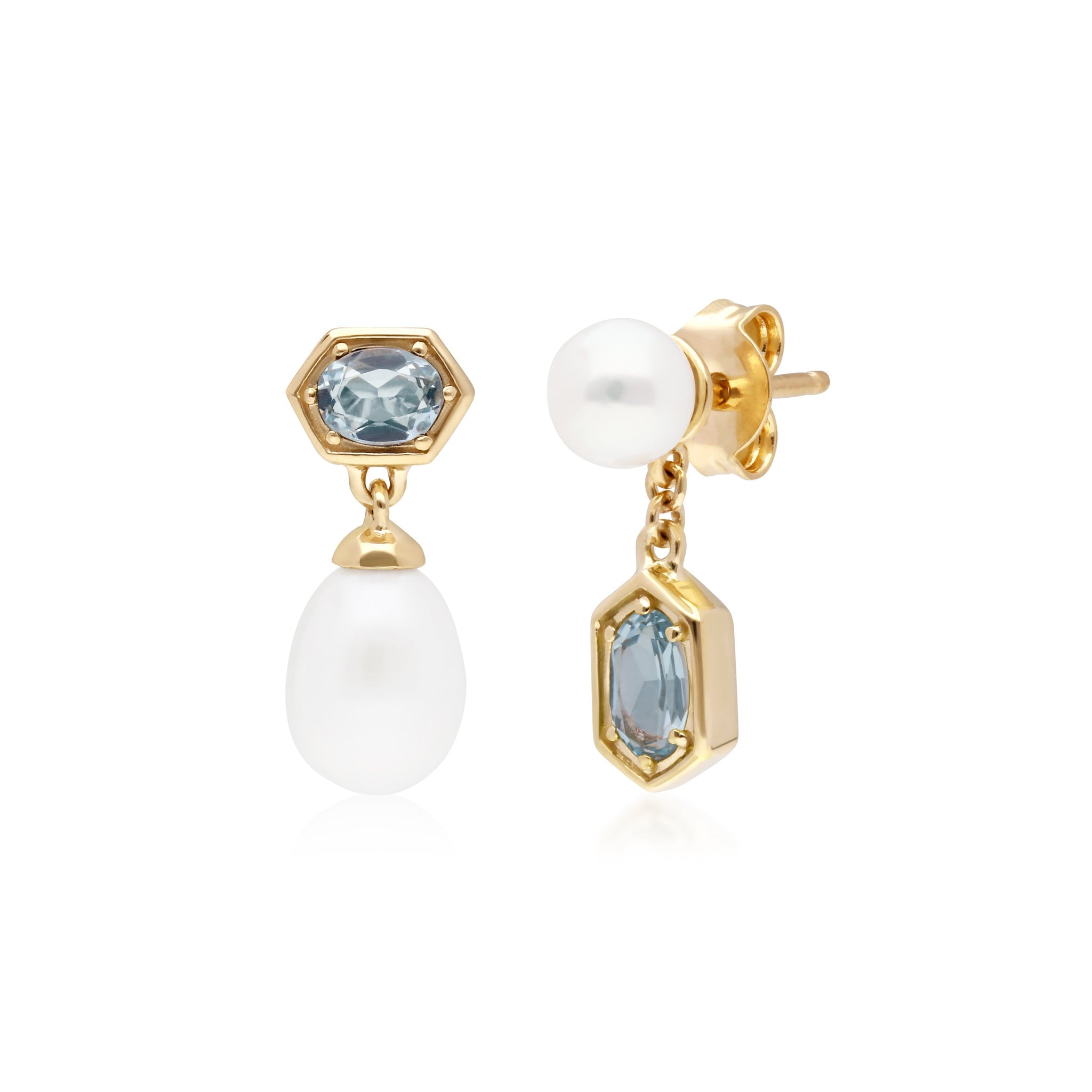Orecchini pendenti spaiati moderni di perle e topazio blu in argento sterling placcato oro