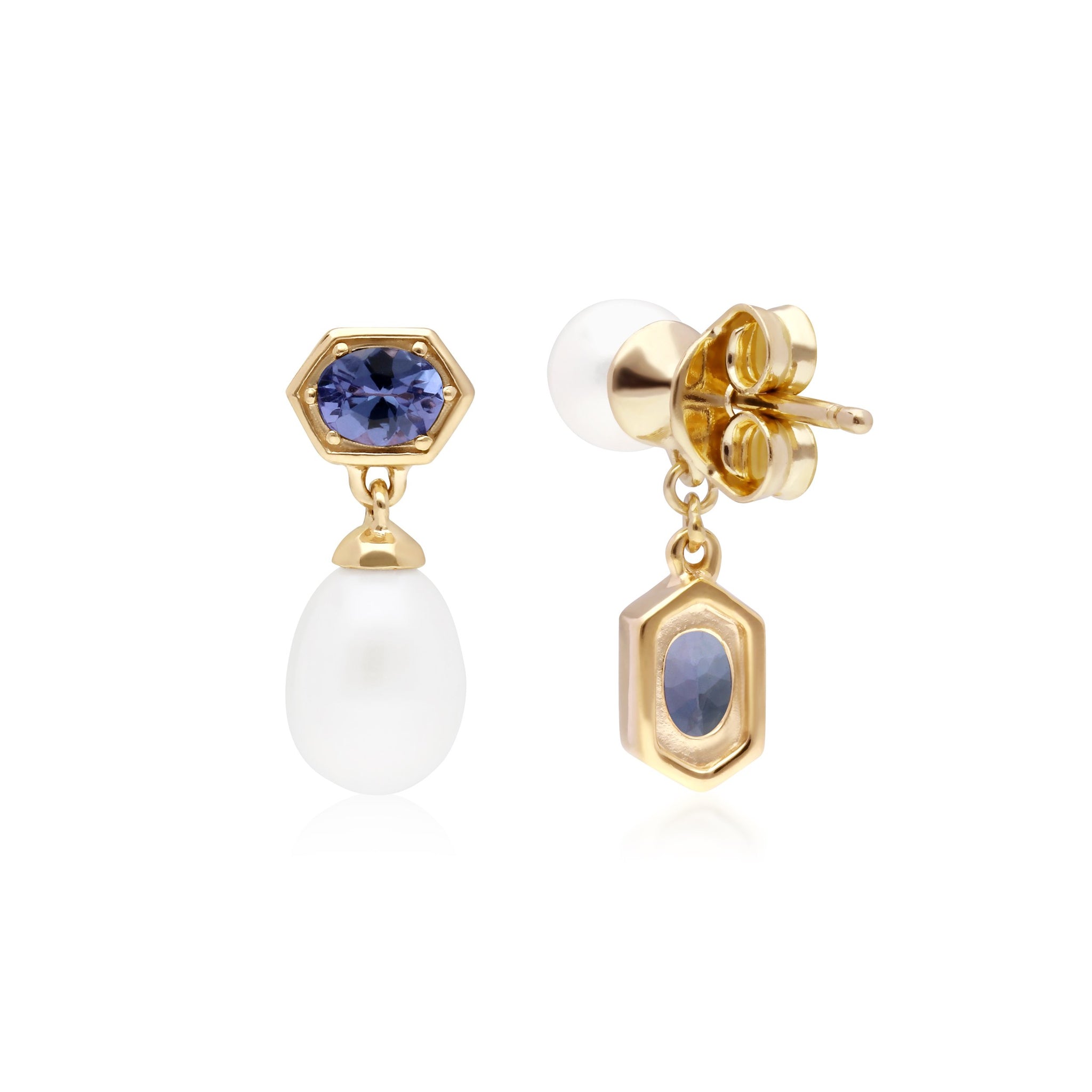 Modern Pearl & Tanzanite Mismatched Drop Earrings in Gold Plated Sterling Silver