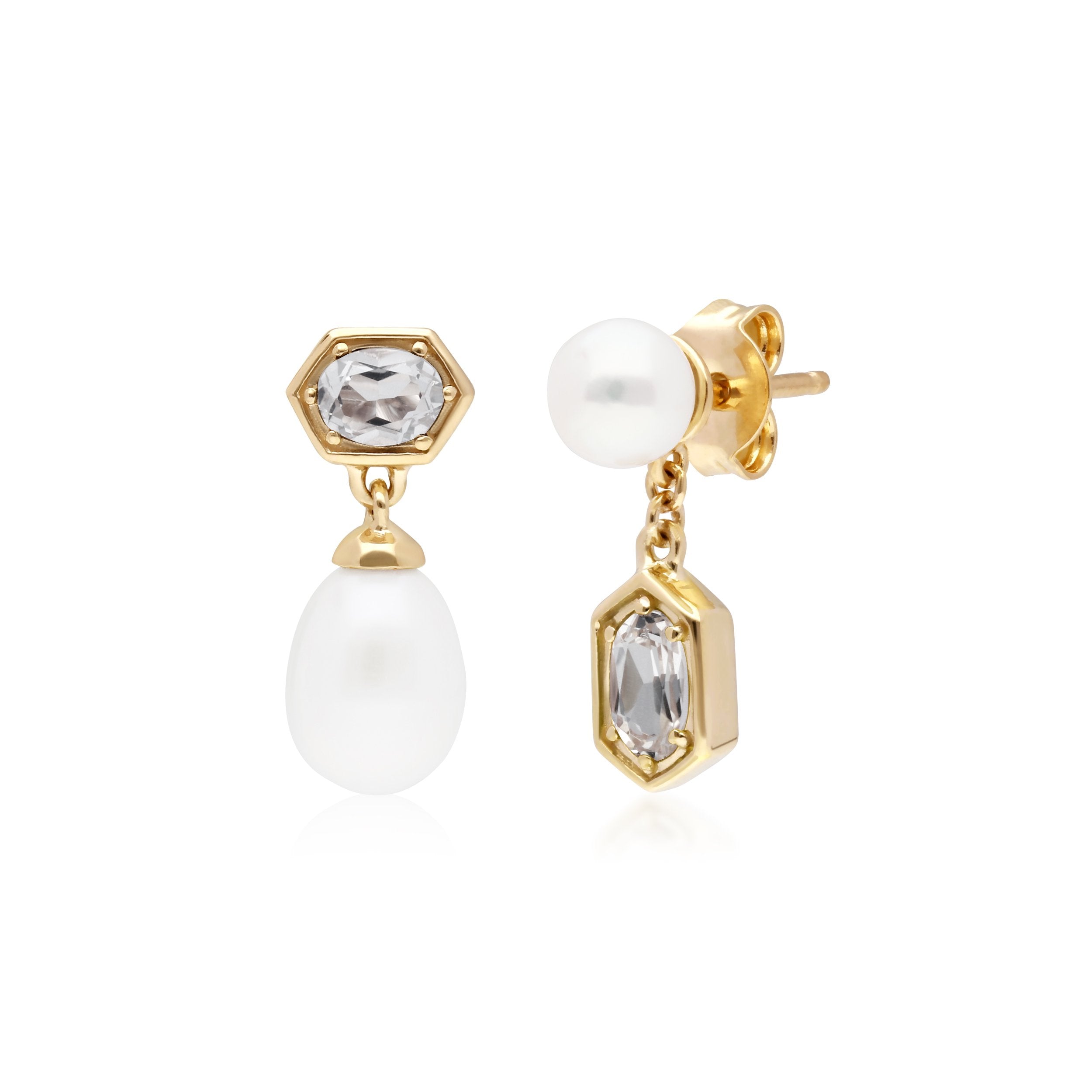 Orecchini pendenti spaiati moderni di perle e topazio bianco in argento sterling placcato oro