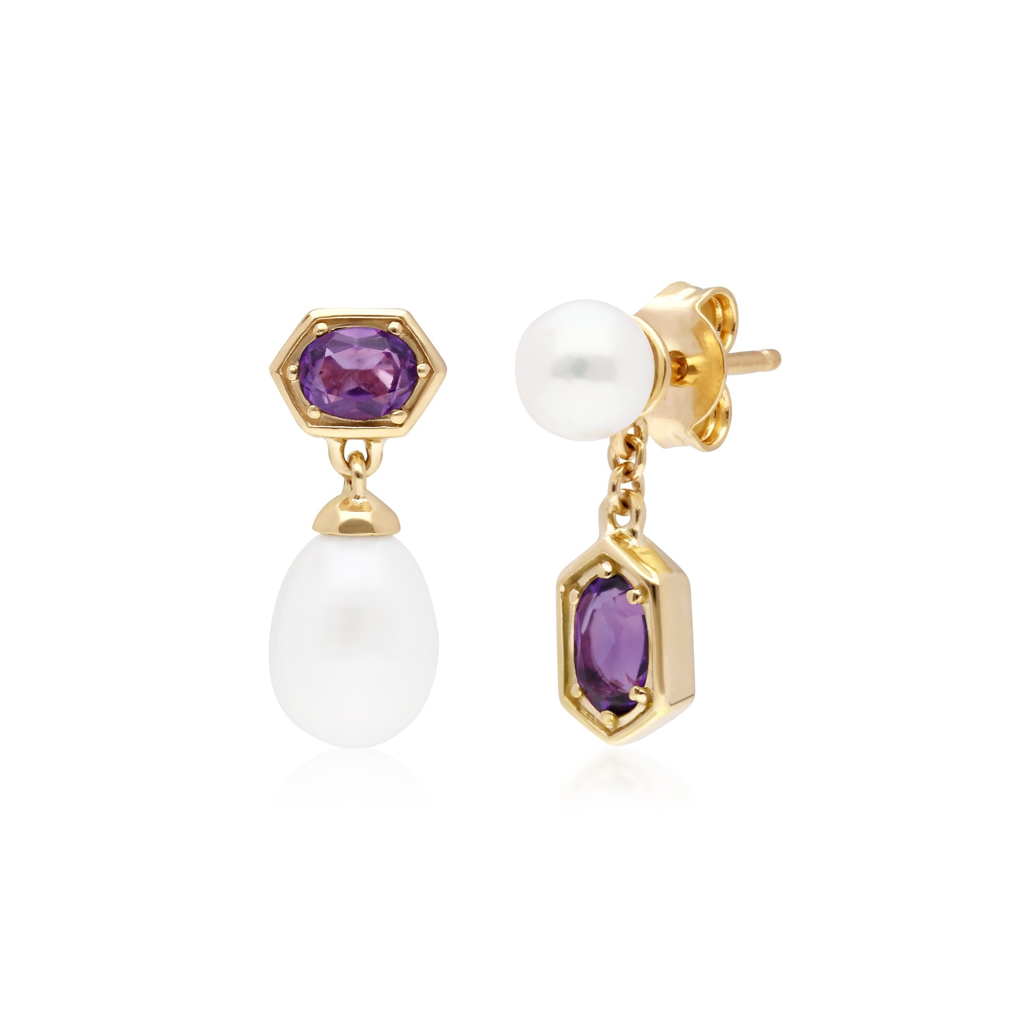 Modern Pearl & Amethyst Mismatched Drop Earrings in Gold Plated Sterling Silver