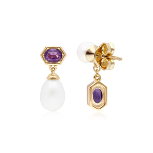 Modern Pearl & Amethyst Mismatched Drop Earrings in Gold Plated Sterling Silver