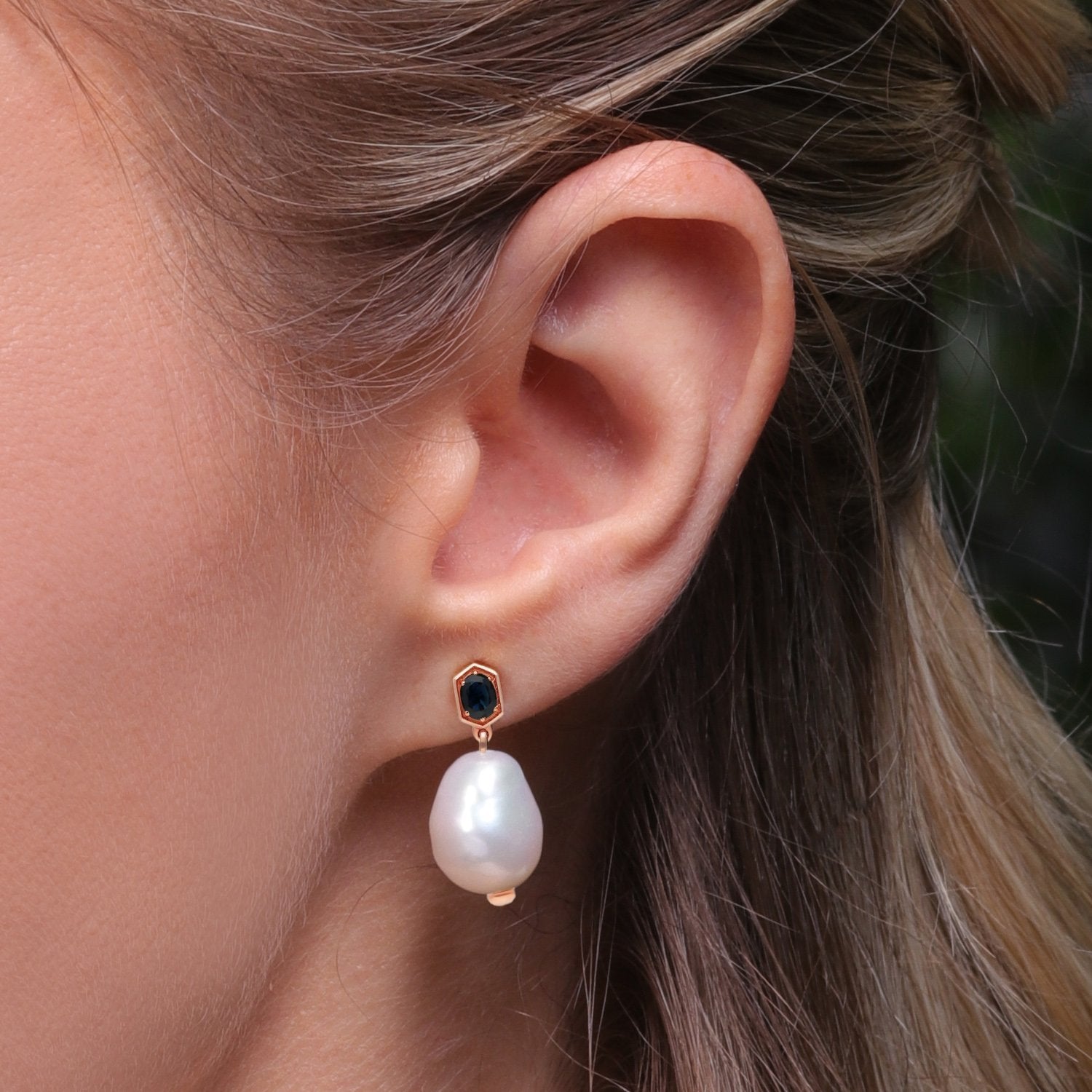 Modern Baroque Pearl & Sapphire Drop Earrings in Rose Gold Plated Sterling Silver on Model