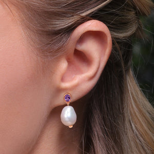 Modern Baroque Pearl & Amethyst Drop Earrings in Rose Gold Plated Sterling Silver