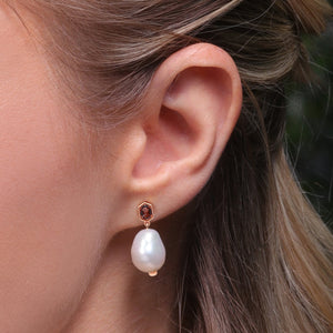 Modern Baroque Pearl & Garnet Drop Earrings in Rose Gold Plated Sterling Silver