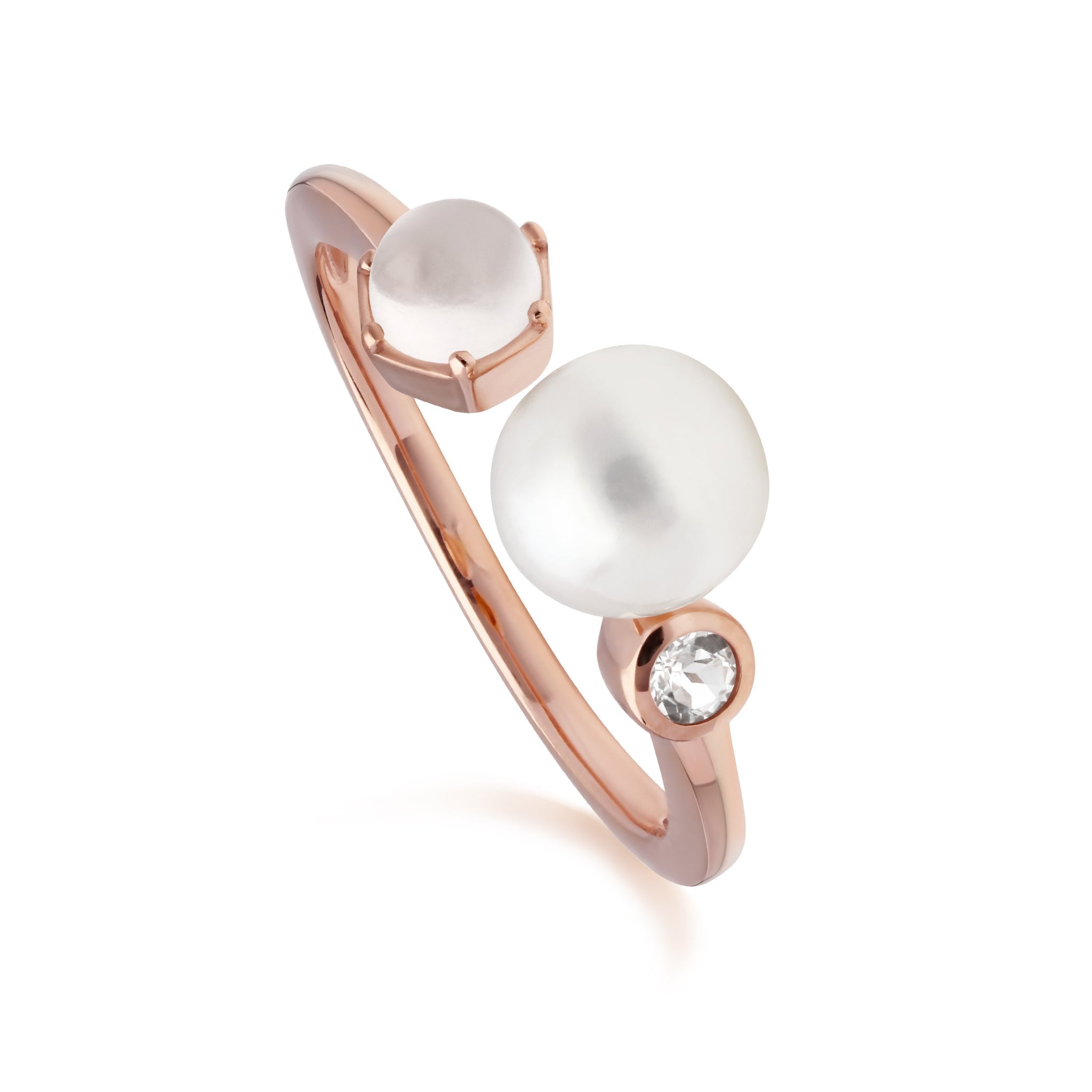 Anello Aperto moderno con perla, pietra di luna e topazio bianco in argento sterling placcato oro rosa