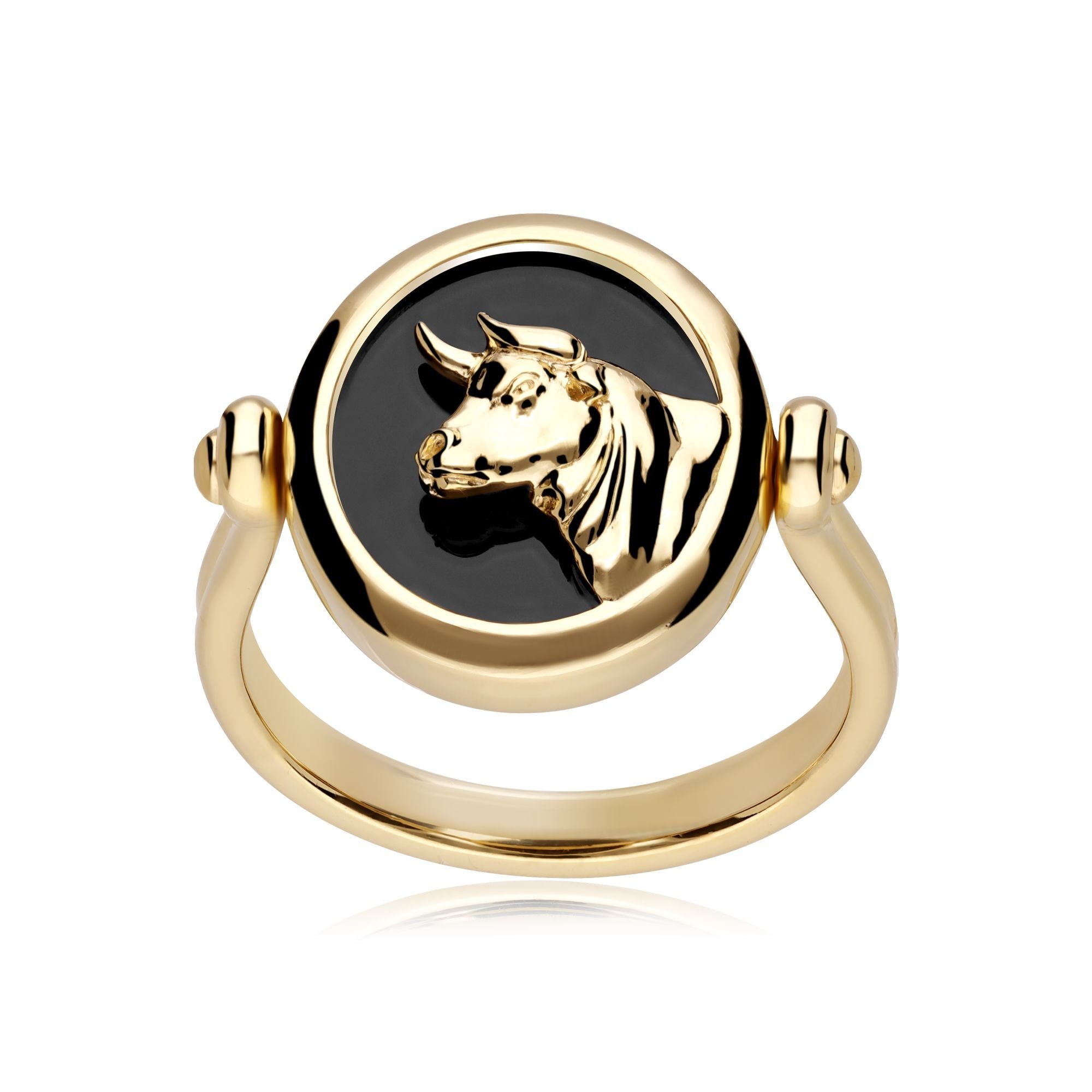Anello reversibile zodiacale Toro in onice nera in argento placcato oro da 18 ct