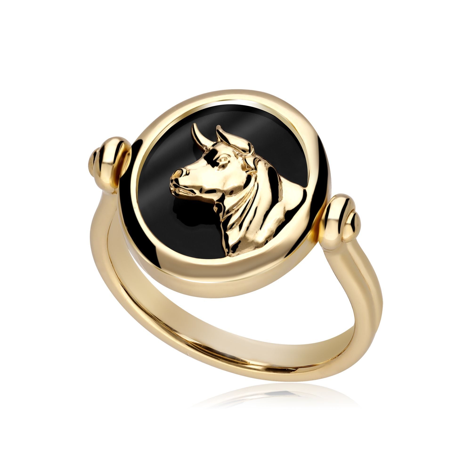 Anello reversibile zodiacale Toro in onice nera in argento placcato oro da 18 ct
