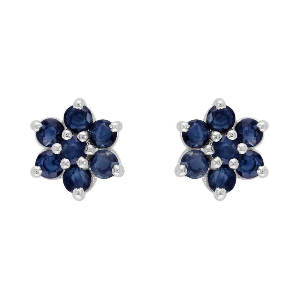 Floral Round Sapphire & Diamond Cluster Stud Earrings in 925 Sterling Silver