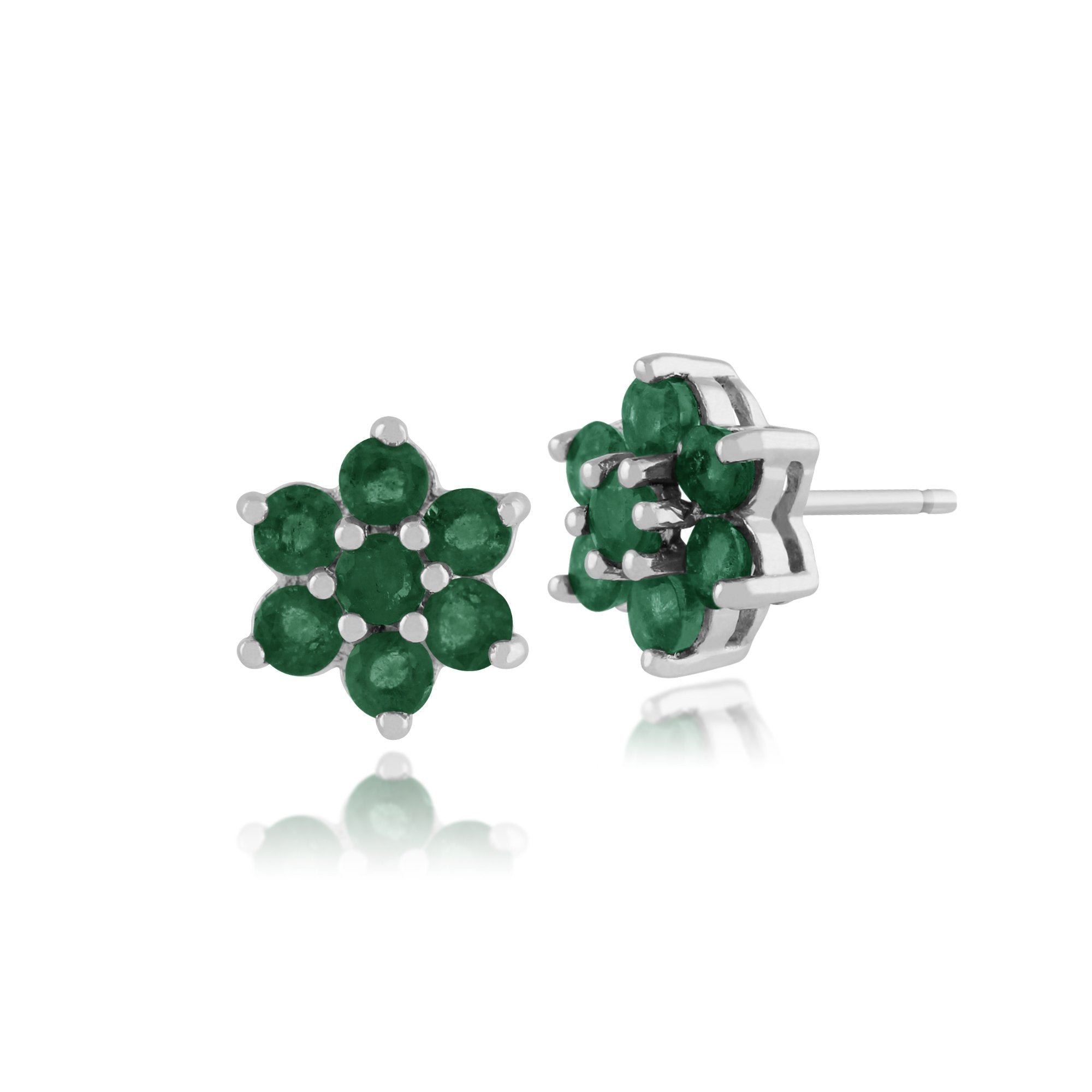 Floral Round Emerald Cluster Stud Earrings in 925 Sterling Silver