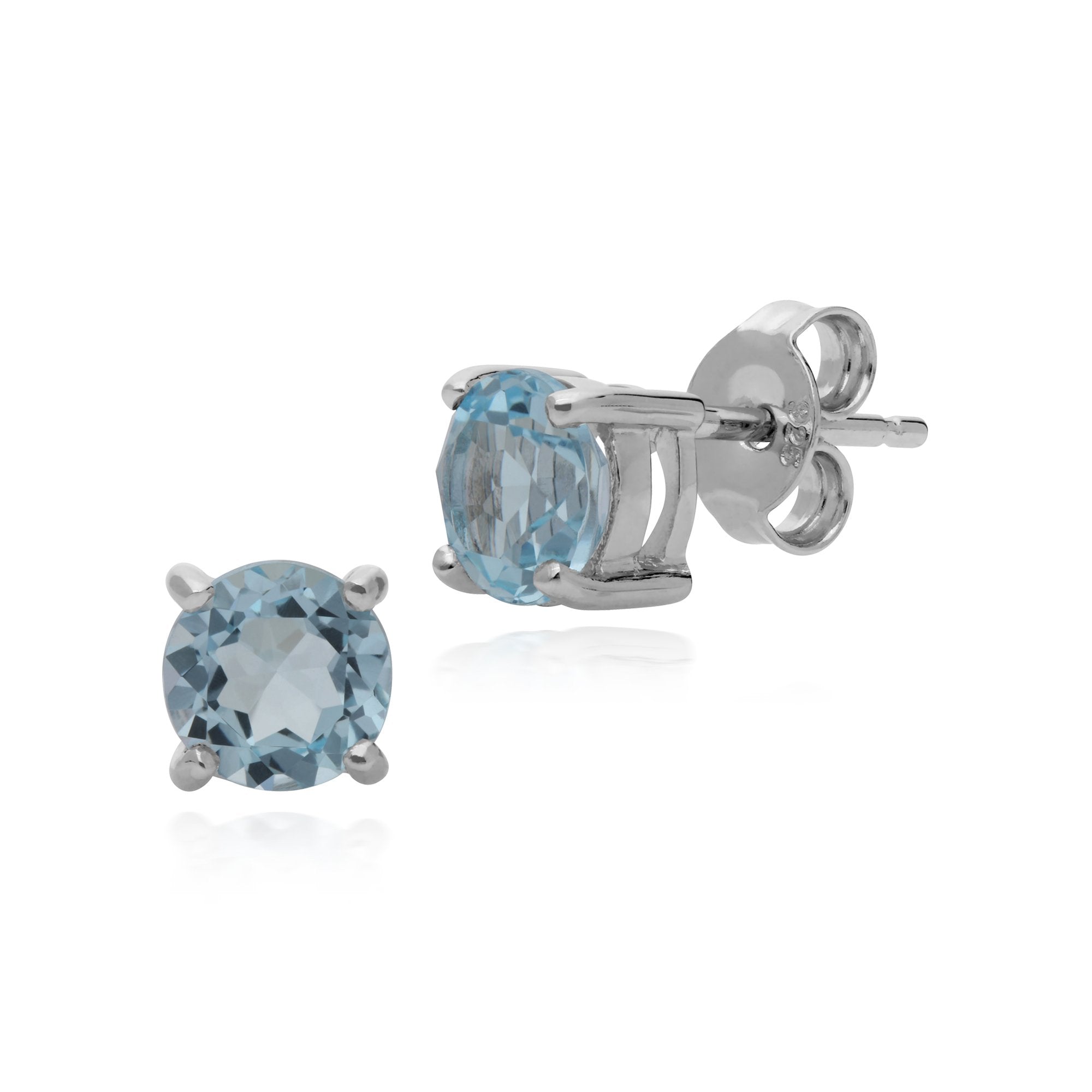 Essential Round Blue Topaz Claw Set Stud Earrings in 925 Sterling Silver