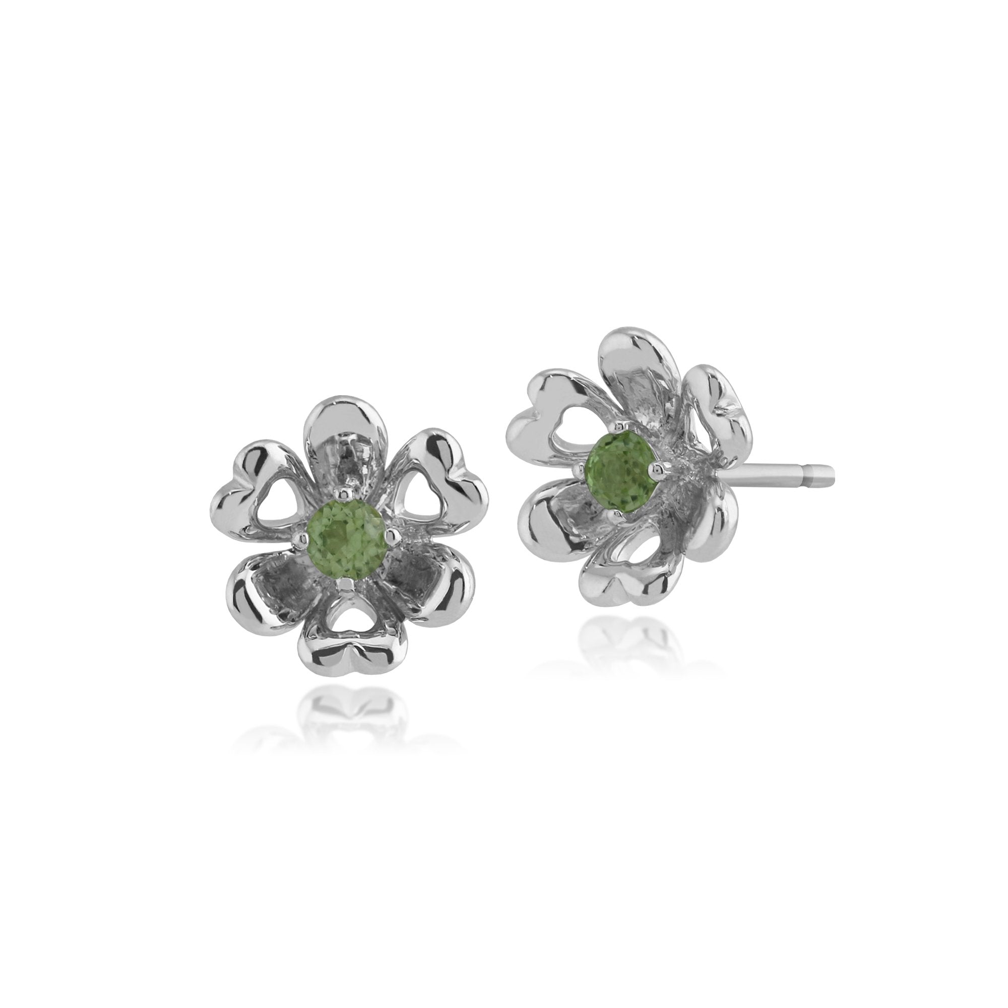 Floral Round Peridot Petite Flower Stud Earrings in 925 Sterling Silver