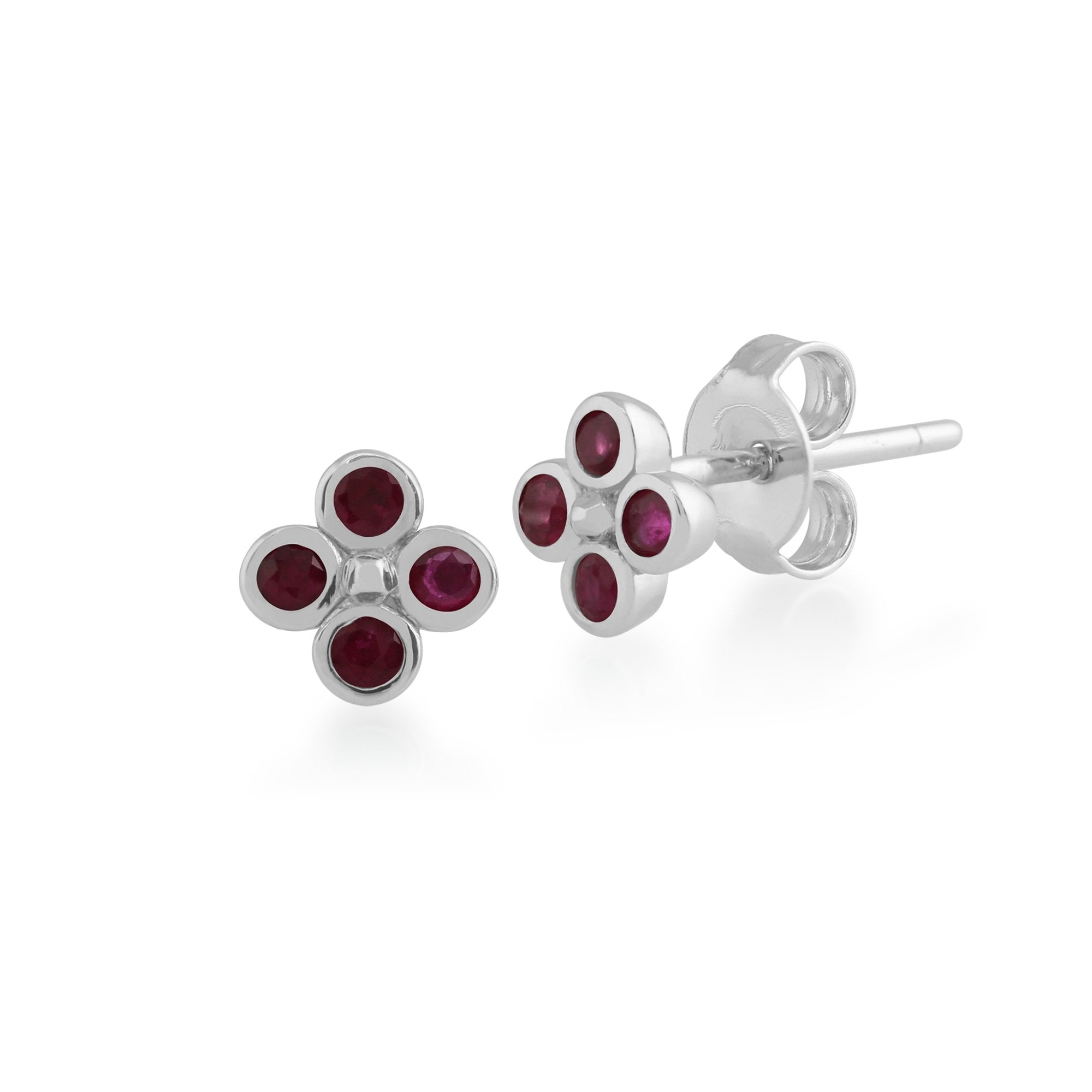 Floral Round Ruby Bezel Set Clover Stud Earrings in 925 Sterling Silver
