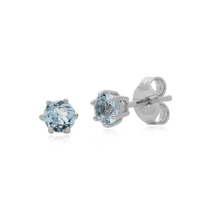 Classic Round Blue Topaz 6 Claw Set Stud Earrings in 925 Sterling Silver