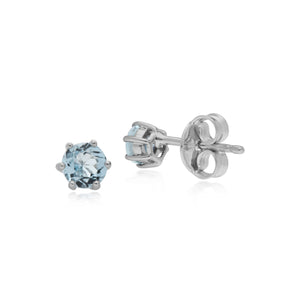 Classic Round Blue Topaz 6 Claw Set Stud Earrings in 925 Sterling Silver