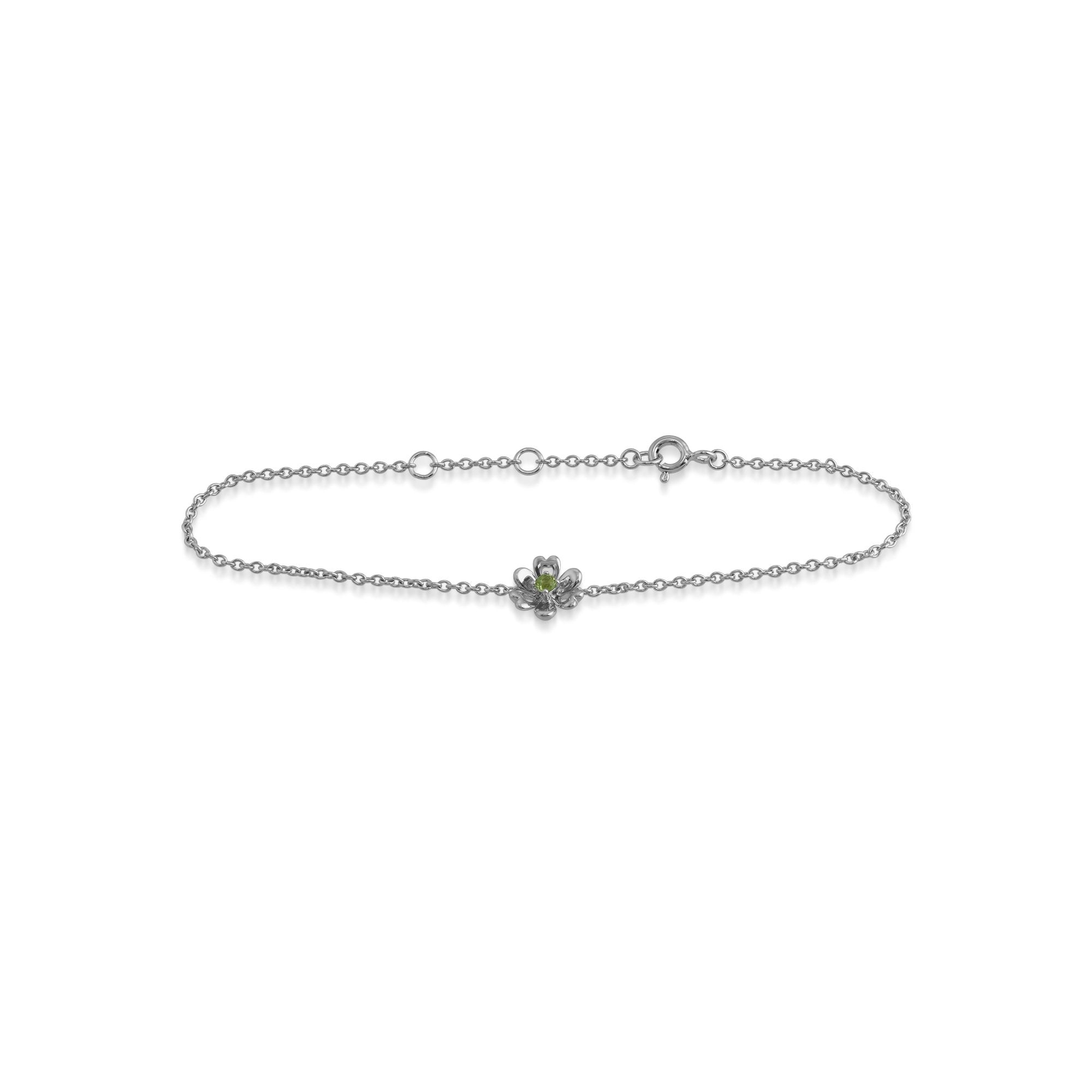 Floral Round Peridot Flower Single Stone Bracelet in 925 Sterling Silver