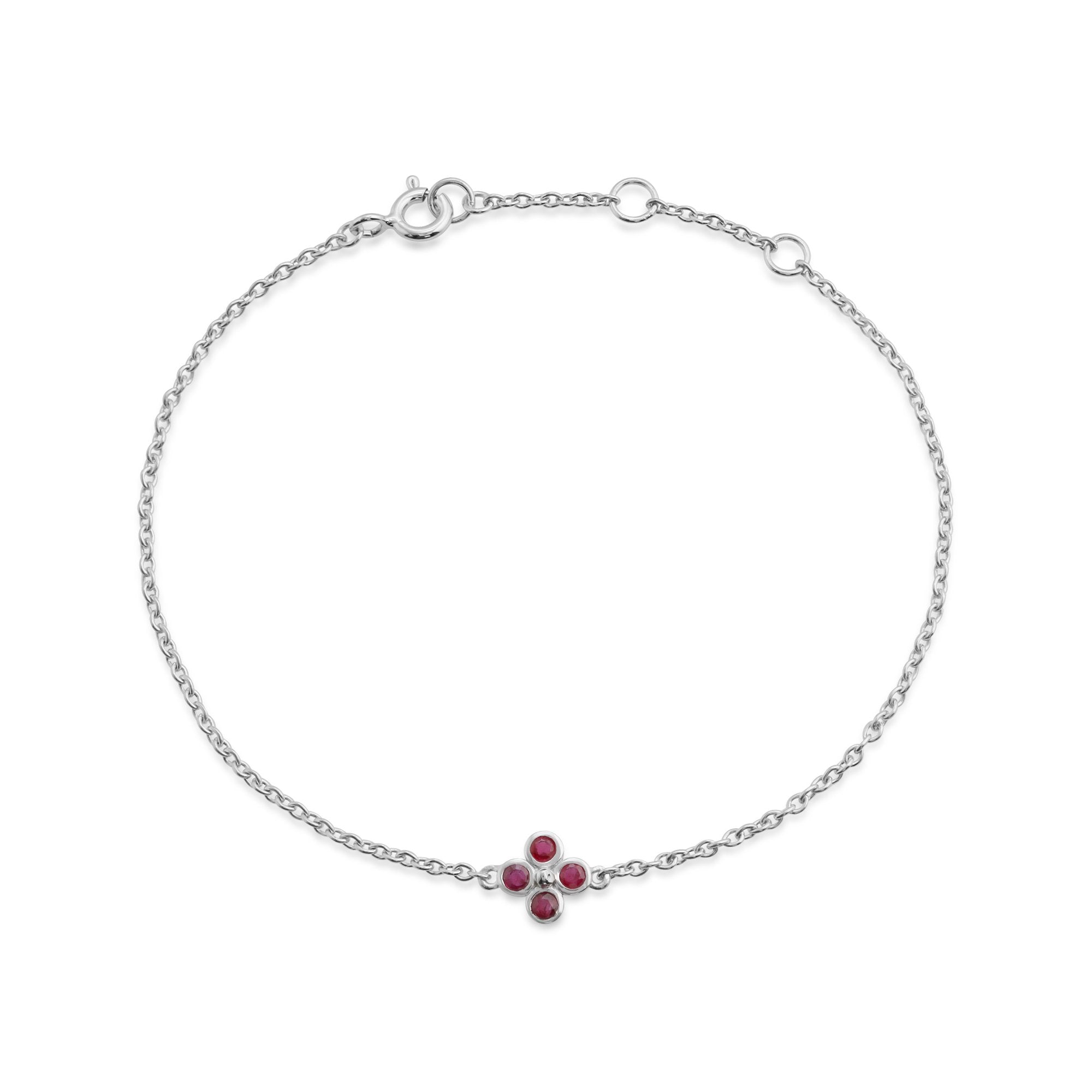 Floral Round Ruby Bezel Set Clover Bracelet in 925 Sterling Silver