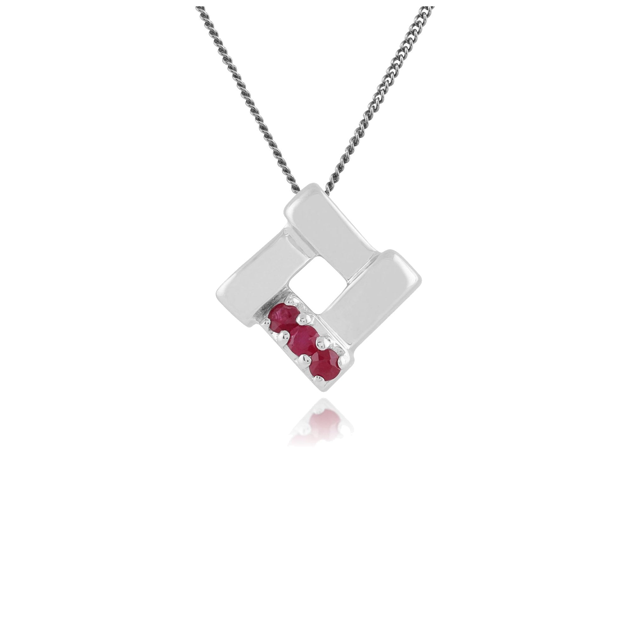 Classic Round Ruby Three Stone Square Crossover Pendant in 925 Sterling Silver