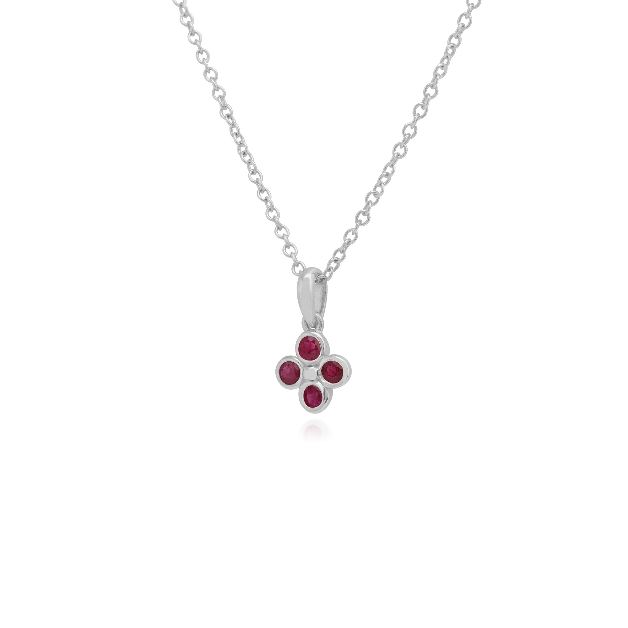 Floral Round Ruby Bezel Set Clover Pendant in 925 Sterling Silver