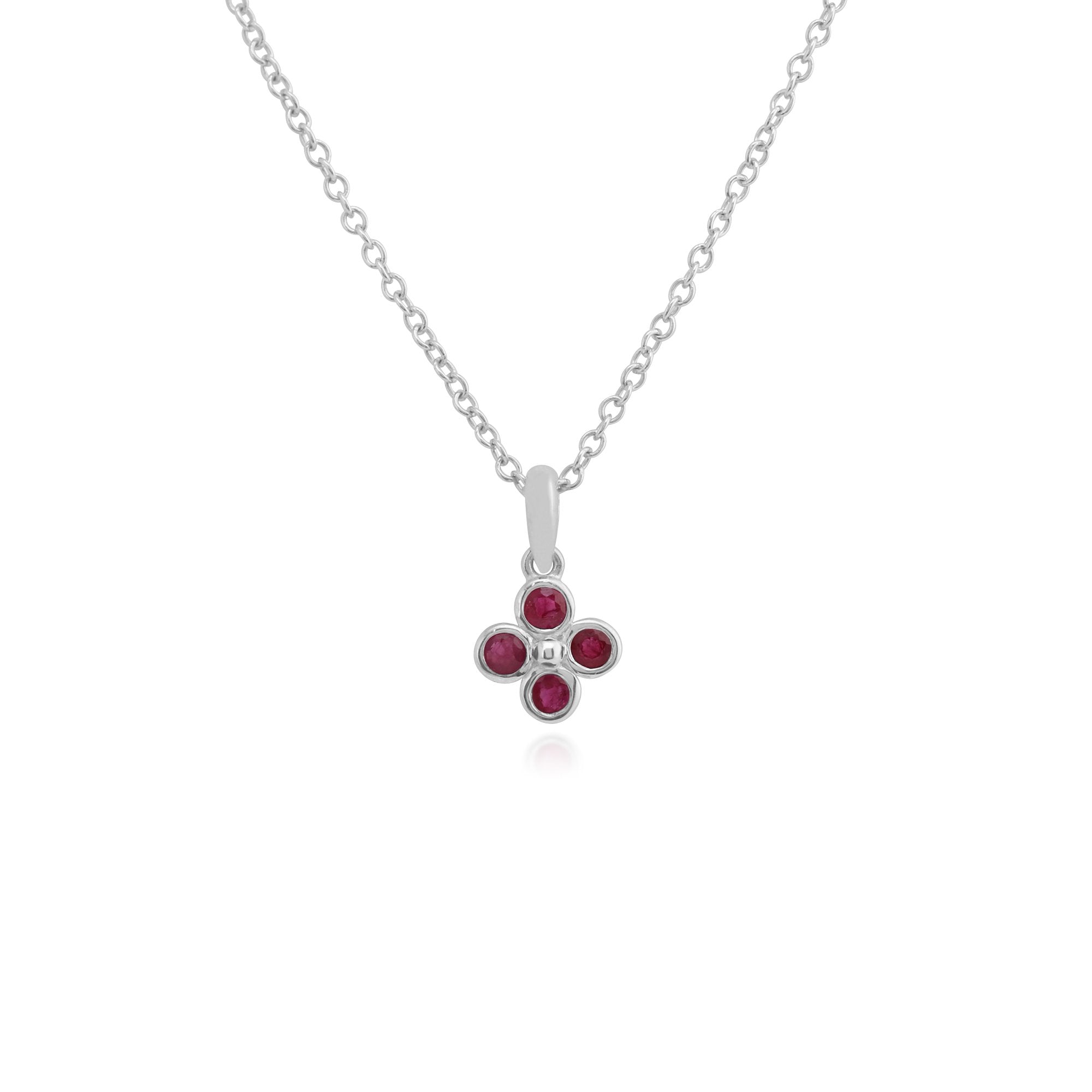 Floral Round Ruby Bezel Set Clover Pendant in 925 Sterling Silver