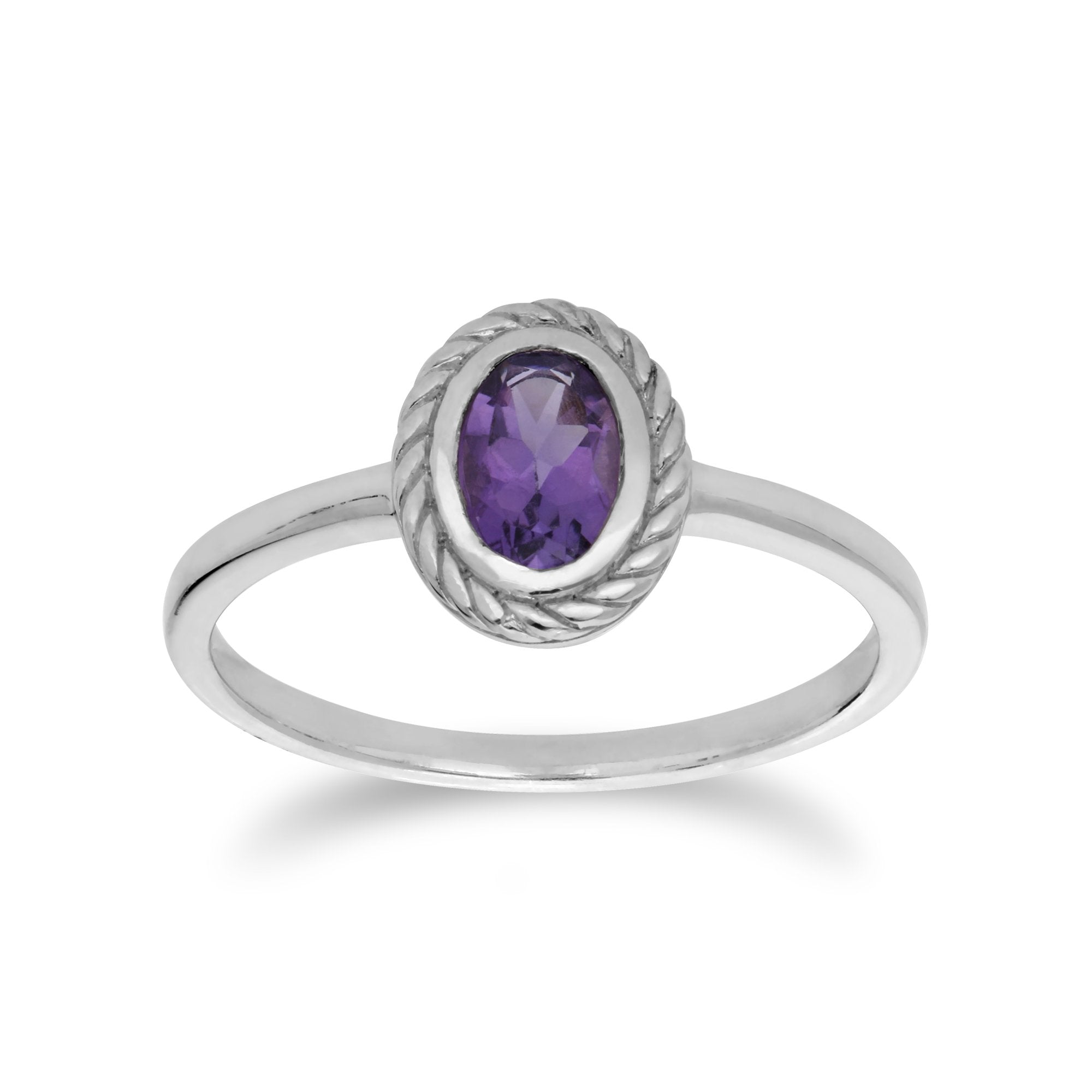 Classic Oval Amethyst Rope Design Ring in 925 Sterling Silver