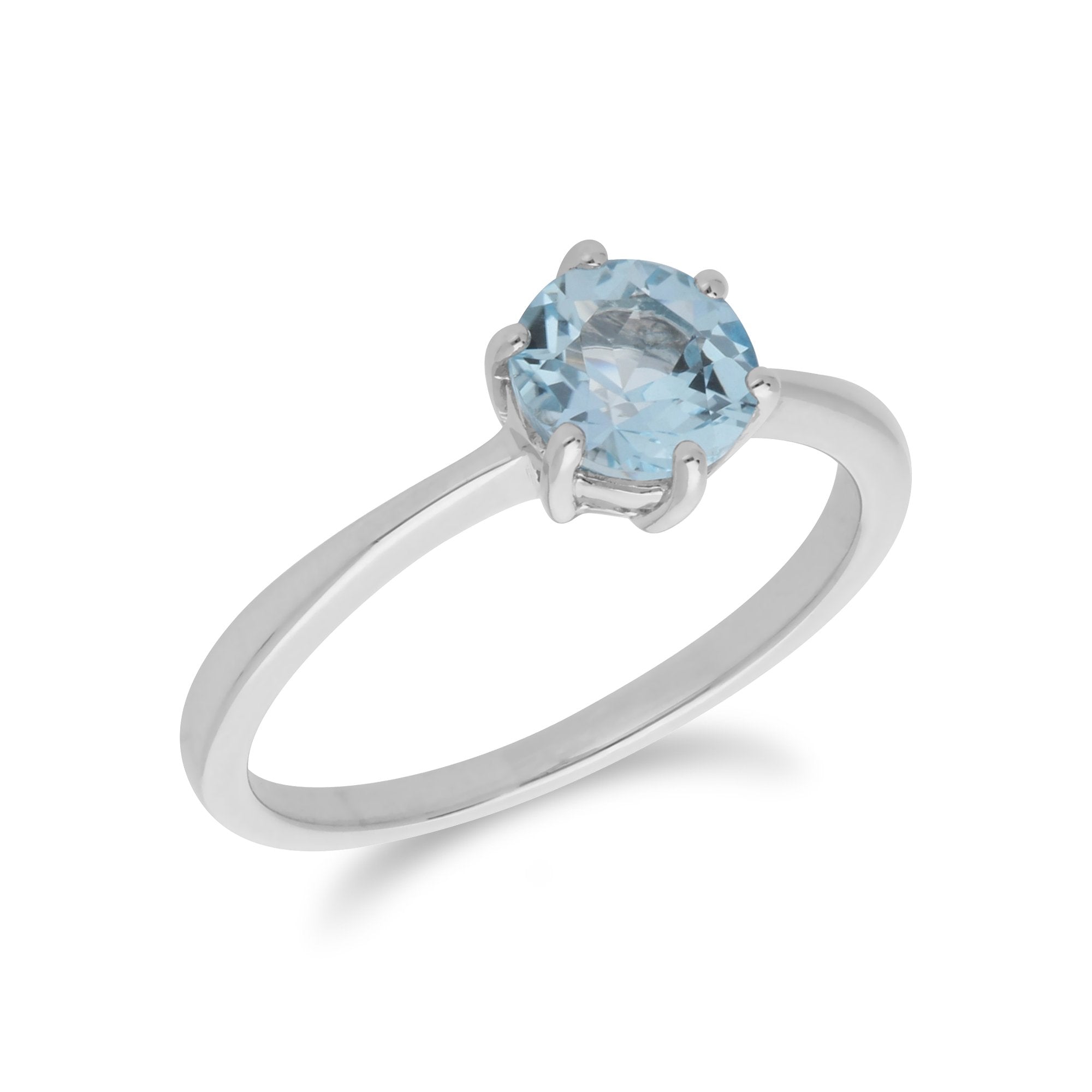 Classic Round Blue Topaz Claw Set Single Stone Ring in 925 Sterling Silver