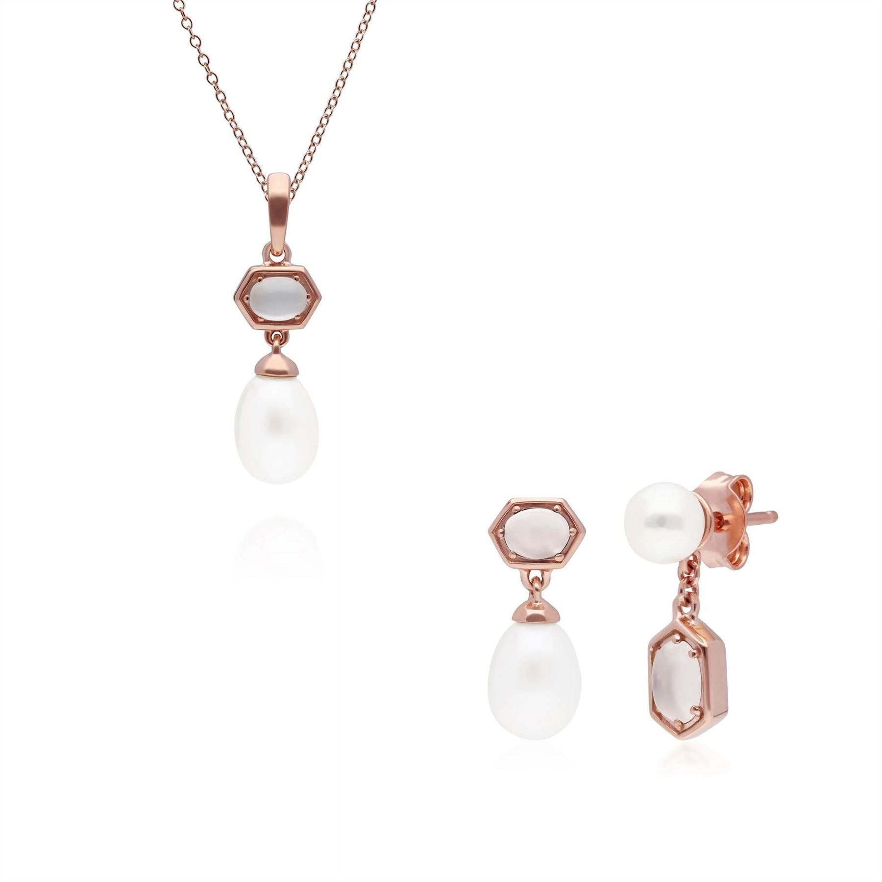 Modern Pearl & Moonstone Pendant & Earring Set in Rose Gold Plated Sterling Silver