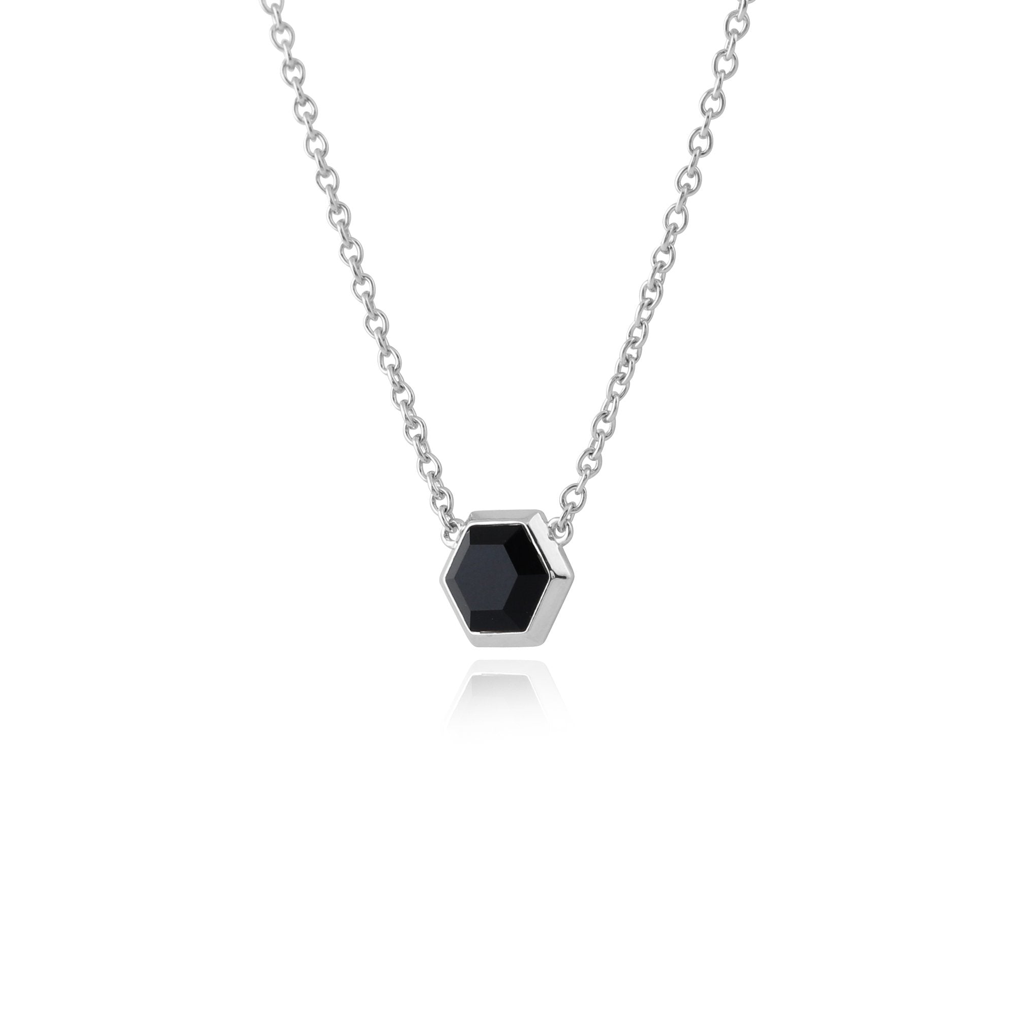 Geometric Hexagon Black Onyx Necklace in 925 Sterling Silver